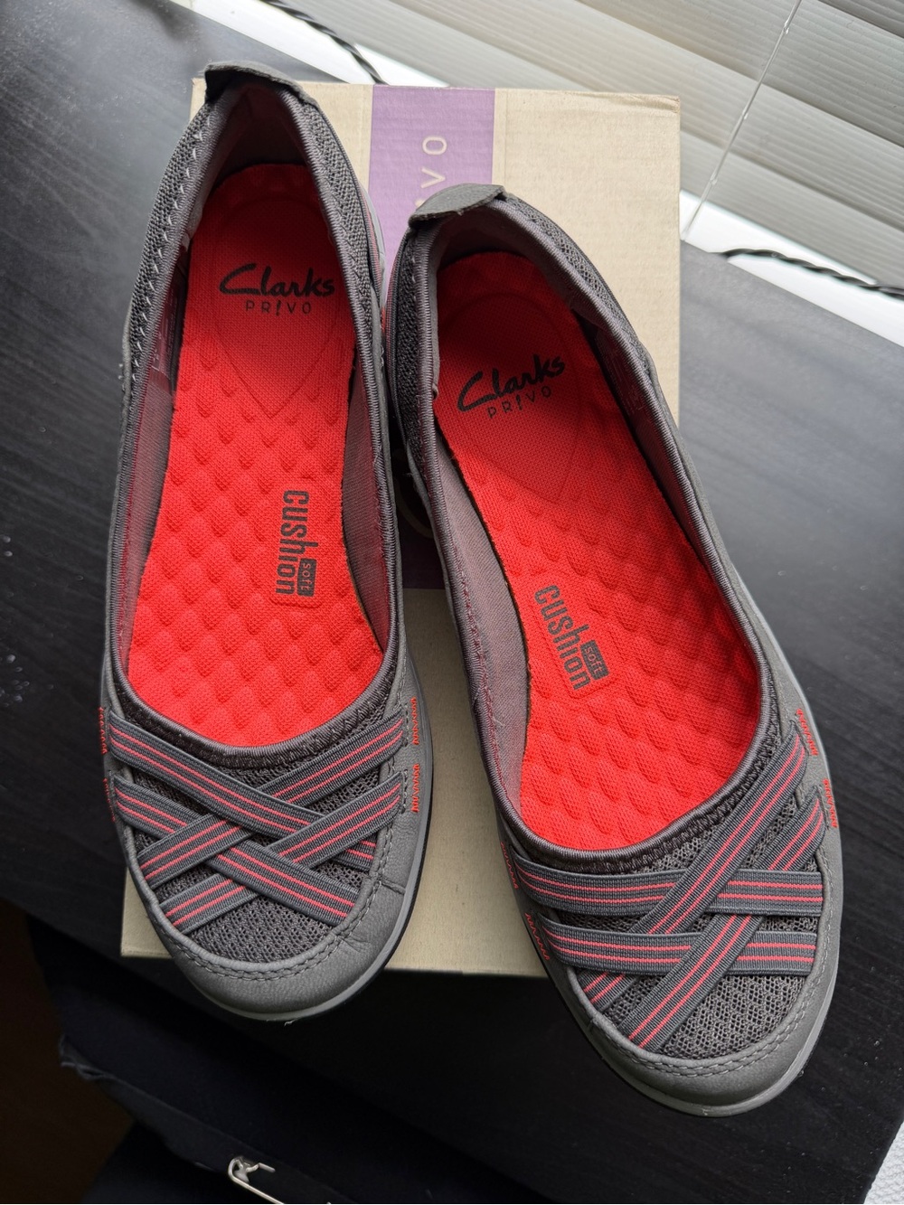 Clarks Gray Nubuck Slip-On Ballet Flats with Bright Orange Cushioned Insole